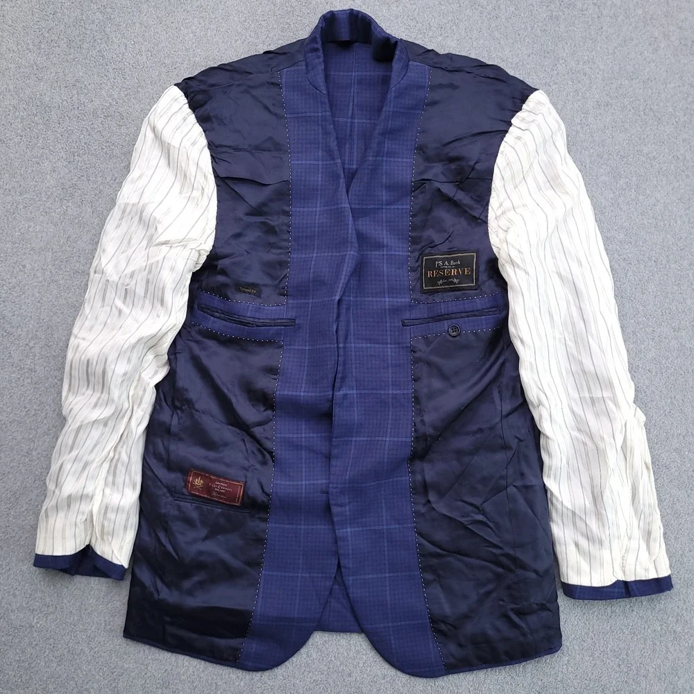 Jos A Bank Blazer Mens 40L Blue Windowpane Lanificio 120s Wool Cerruti Jacket